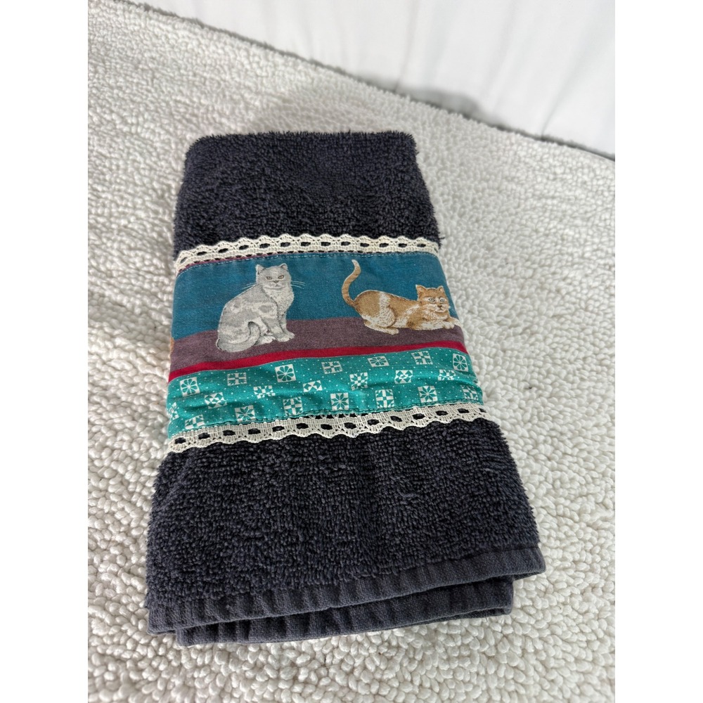 Stevens Dark Blue Hand Towel with Adorable Cat Print Trim Lace Accent‎